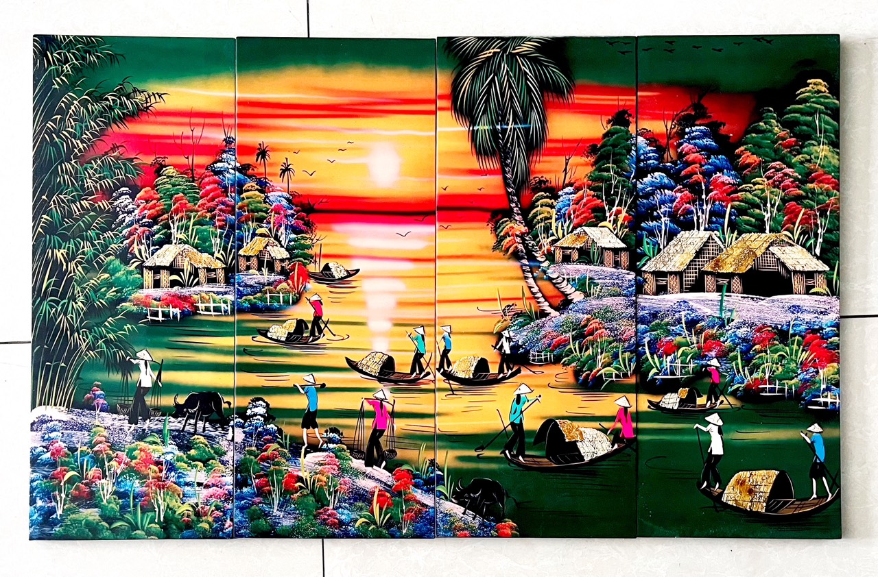 Bộ Tranh sơn mài 4 tấm - ĐỒNG QUÊ / PHỐ CỔ VIỆT NAM - Size 50x80 cm / 60x120 cm