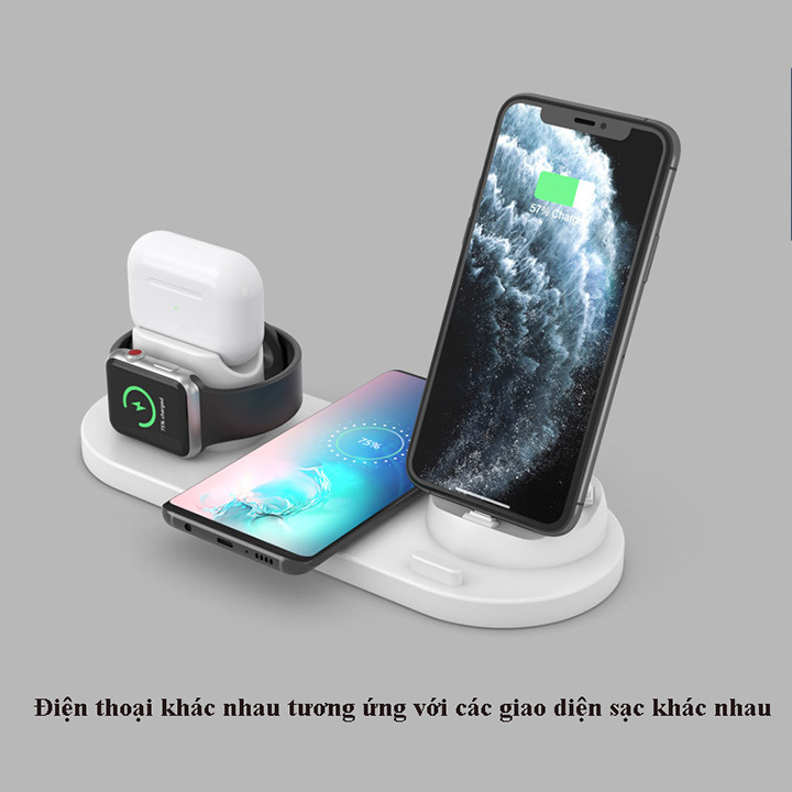 Đế sạc không dây đa năng 6 in 1, sạc nhanh không dây, dành cho iphone, sam sung, AirPods, Apple Watch...