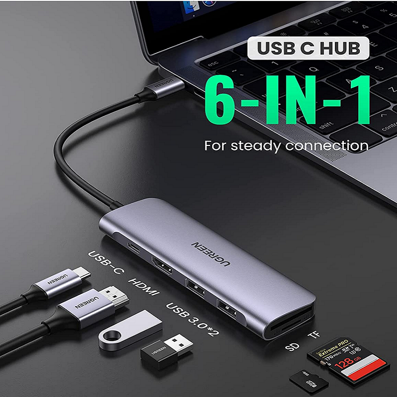 Hub chuyển đổi Ugreen Type-C sang HDMI + USB3.0*2 + SD/TF + PD 4K 60Hz CM511- hàng chính hãng