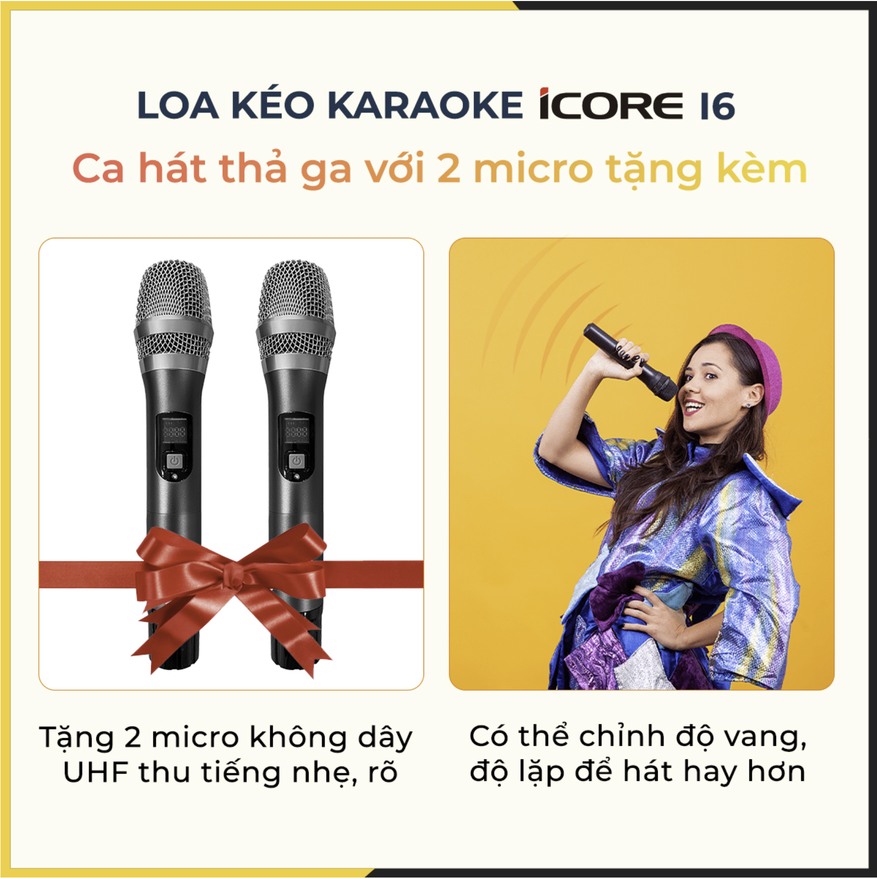 Loa du lịch iCore i6 - Loa karaoke bluetooth xách tay - Kèm 2 micro UHF cao cấp - Hàng Chính Hãng