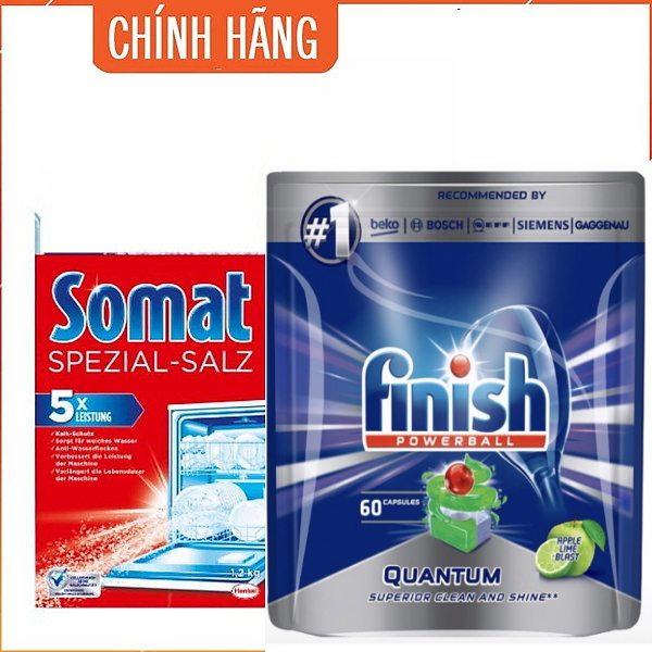 Combo 60 viên rửa bát finish quantum max + muối rửa bát somat 1.2kg