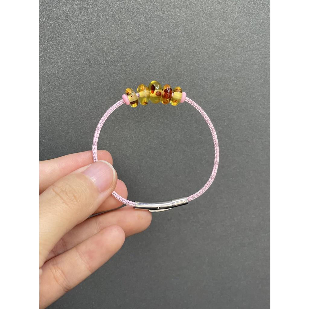 Vòng tay đồng điếu hổ phách hoa cooper mix dây cước kim loại Minh Tâm Jewelry