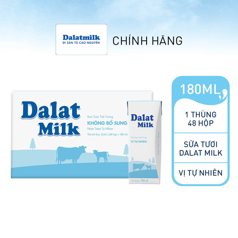 Thùng 48 hộp sữa tươi tiệt trùng Dalatmilk vị tự nhiên 180ml