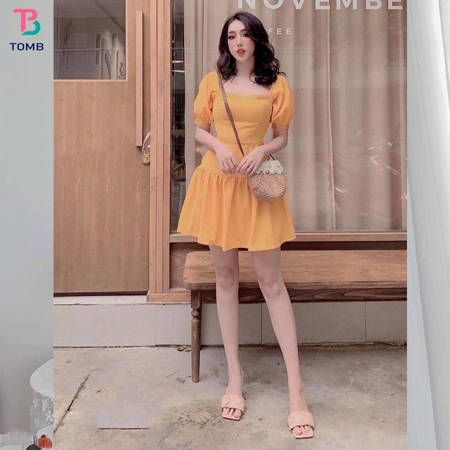 Váy đầm nữ dáng xòe tay phồng phối viền ren siêu xinh chất umi mềm mịn co dãn thoải mái khi mặc thích hợp đi tiệc AM