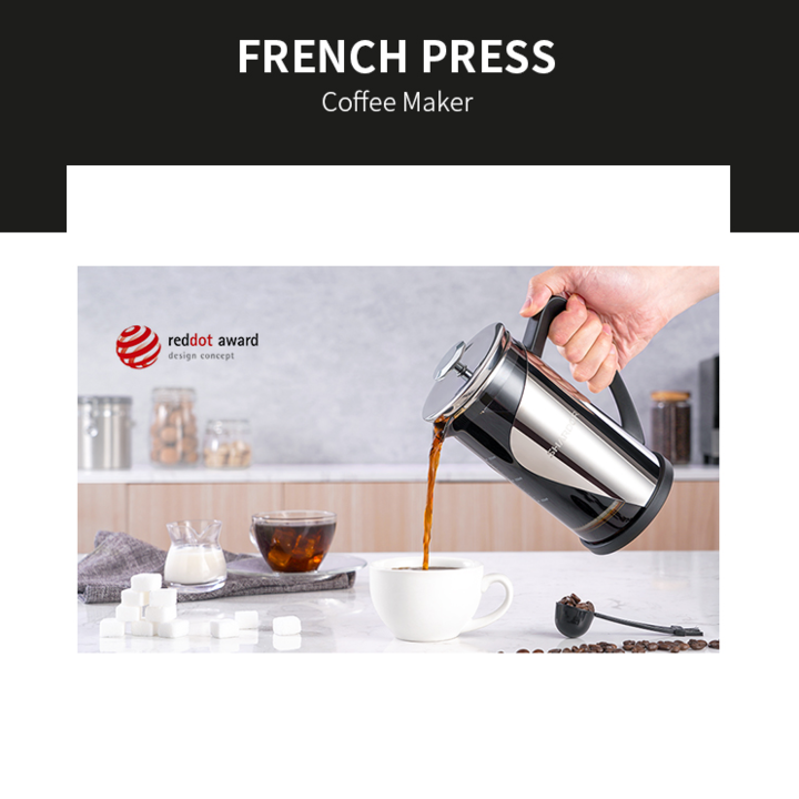 Bình pha cà phê kiểu Pháp French Press Shardor FP515S dung tích 1000ml. tích hợp hệ thống 4 bộ lọc cần gạt - Hàng Nhập Khẩu