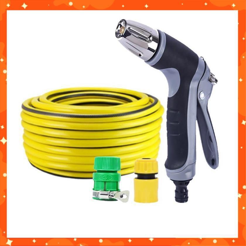 Bộ dây vòi xịt nước rửa xe, tưới cây,tăng áp 3 lần cút nhựa nối nhựa vàng loại 7-10m 206817