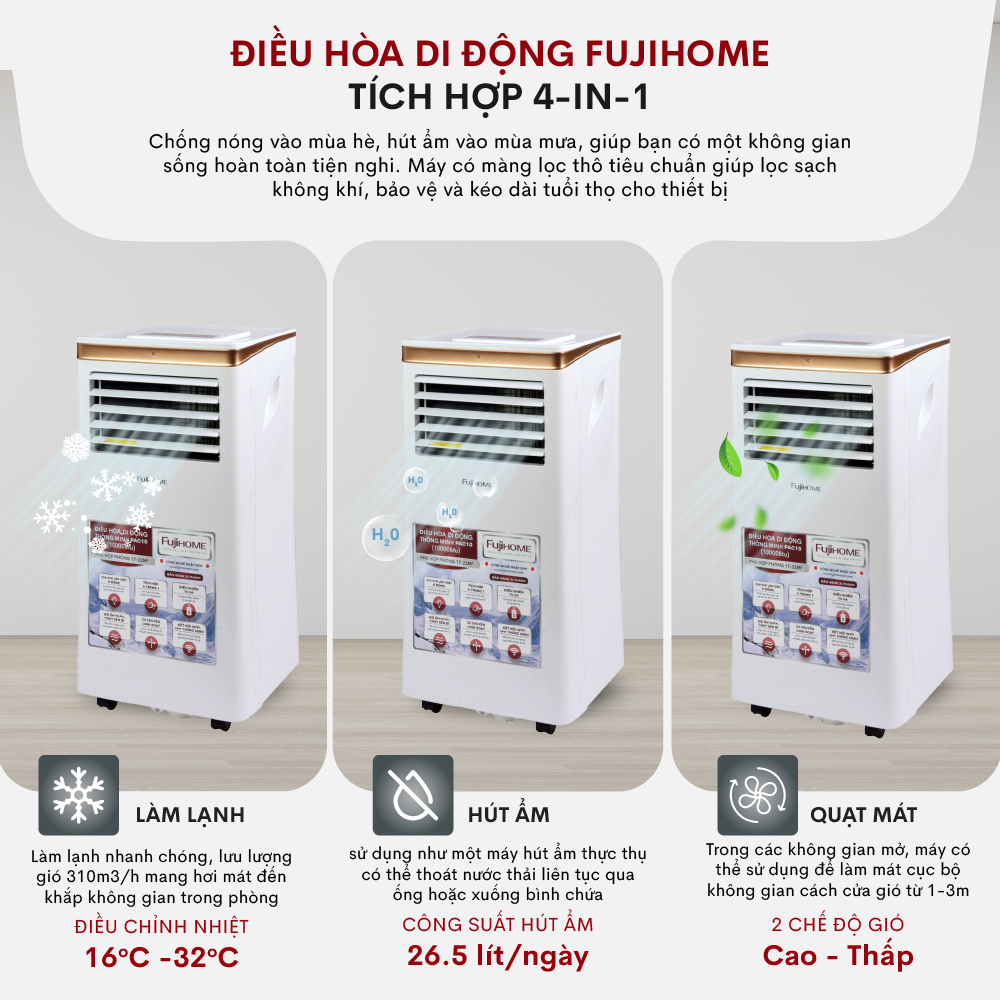 Máy lạnh đứng di động Fujihome PAC10, Hàng chính hãng, Điều hòa thông minh làm lạnh 14000BTU, Kết nối wifi