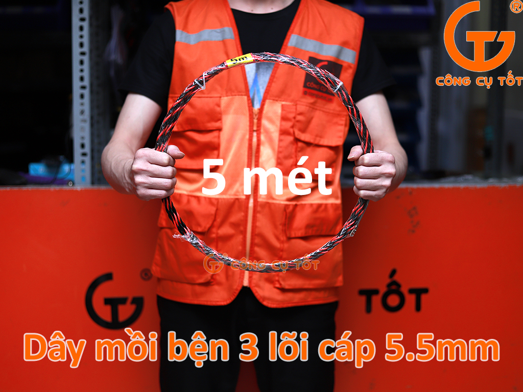 Dây mồi bện 3 lõi cáp Ø6mm cực khỏe vằn đỏ đen dài 5m