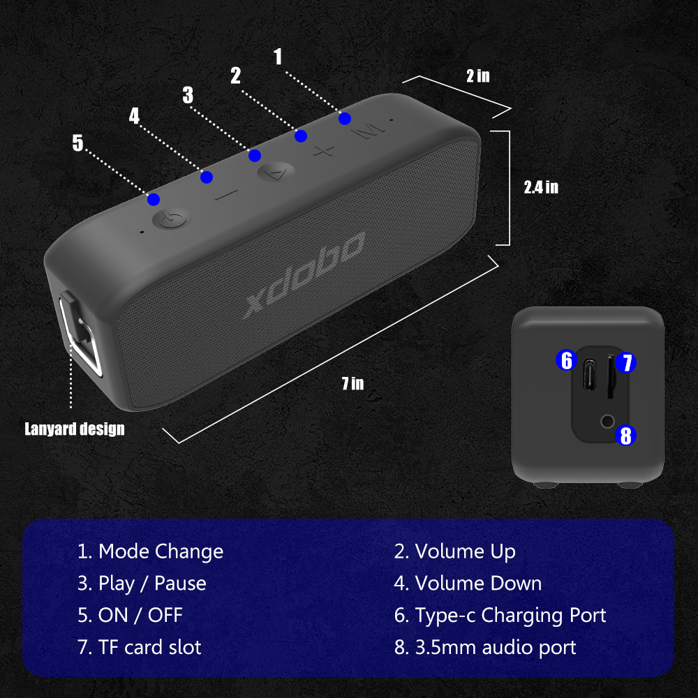 Loa Bluetooth5.0 TWS xdobo 20W, loa không dây âm thanh vòm HD &amp; âm Bass Stereo cực hay 5200mAh, tích hợp Mic, chống nước IPX7, loa di động cho các bữa tiệc - Hàng Chính Hãng