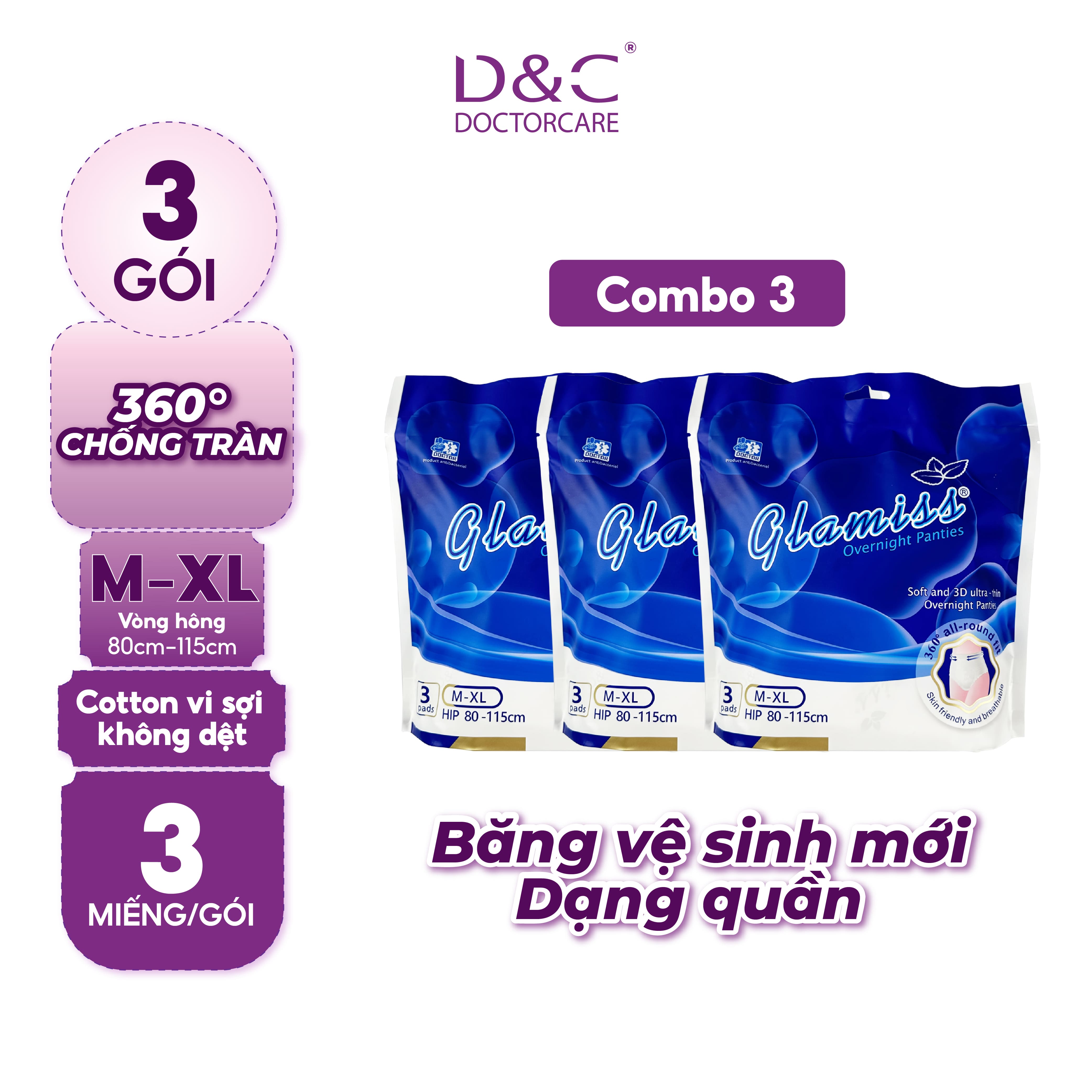 Combo 3 gói băng vệ sinh dạng quần Glamiss ban đêm size M-XL siêu mỏng, bề mặt 2 lớp siêu mềm mịn