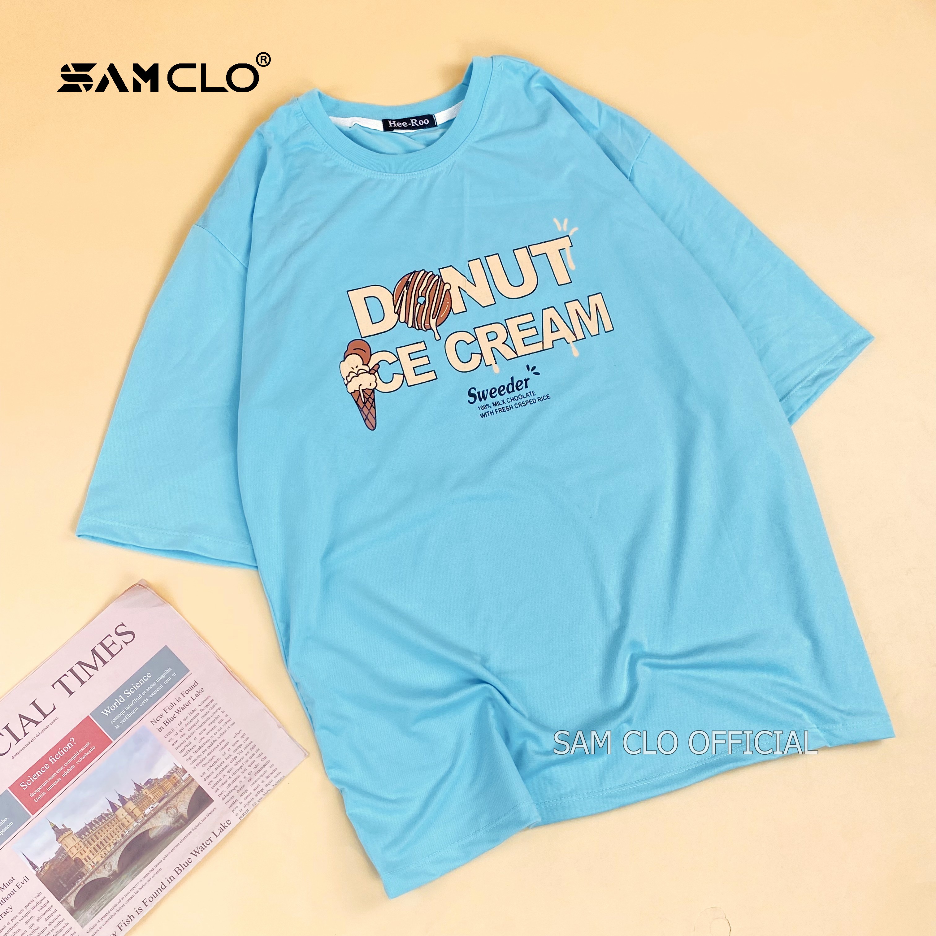 Áo thun tay lỡ nữ SAM CLO freesize phông form rộng dáng Unisex - mặc cặp, nhóm, lớp in hình bánh DONUT ICE CREAM màu xanh dương