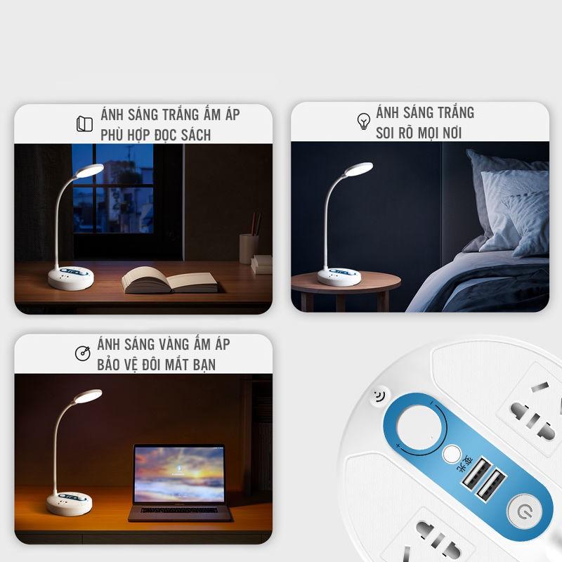 Đèn Led Để Bàn Sạc Pin Tích Hợp 2 Đầu Ra USB Và 2 Ổ Cắm Điện Có Công Tắc Điều Chỉnh Ánh Sáng