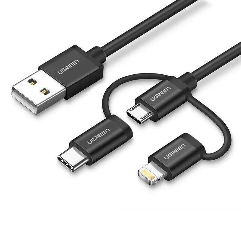 Ugreen UG50205US186TK 1M Màu Đen Cáp sạc đa năng USB sang TypeC + Micro + Lightning có Chip MFI - HÀNG CHÍNH HÃNG
