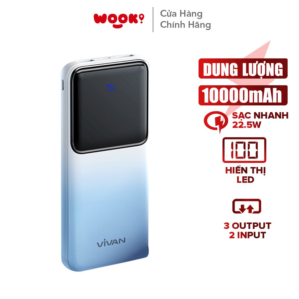 Pin Sạc Dự Phòng VIVAN VPB-D20 Dung lượng 20.000 mAh Sạc nhanh 22.5W QC3.0 &amp; PD 2 cổng sạc vào 3 cổng sạc ra Màn hình LED hiển thịHÀNG CHÍNH HÃNG