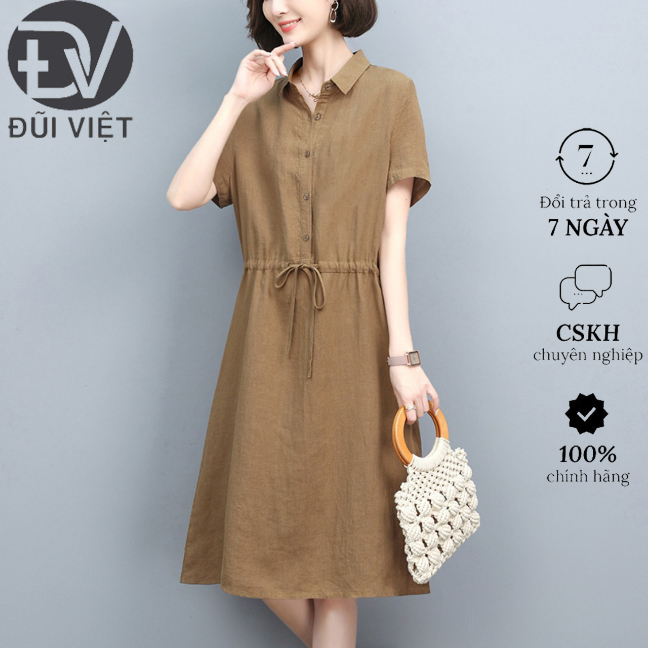 Váy sơ mi nữ dáng dài Đũi Việt thắt eo form suông vintage DV37