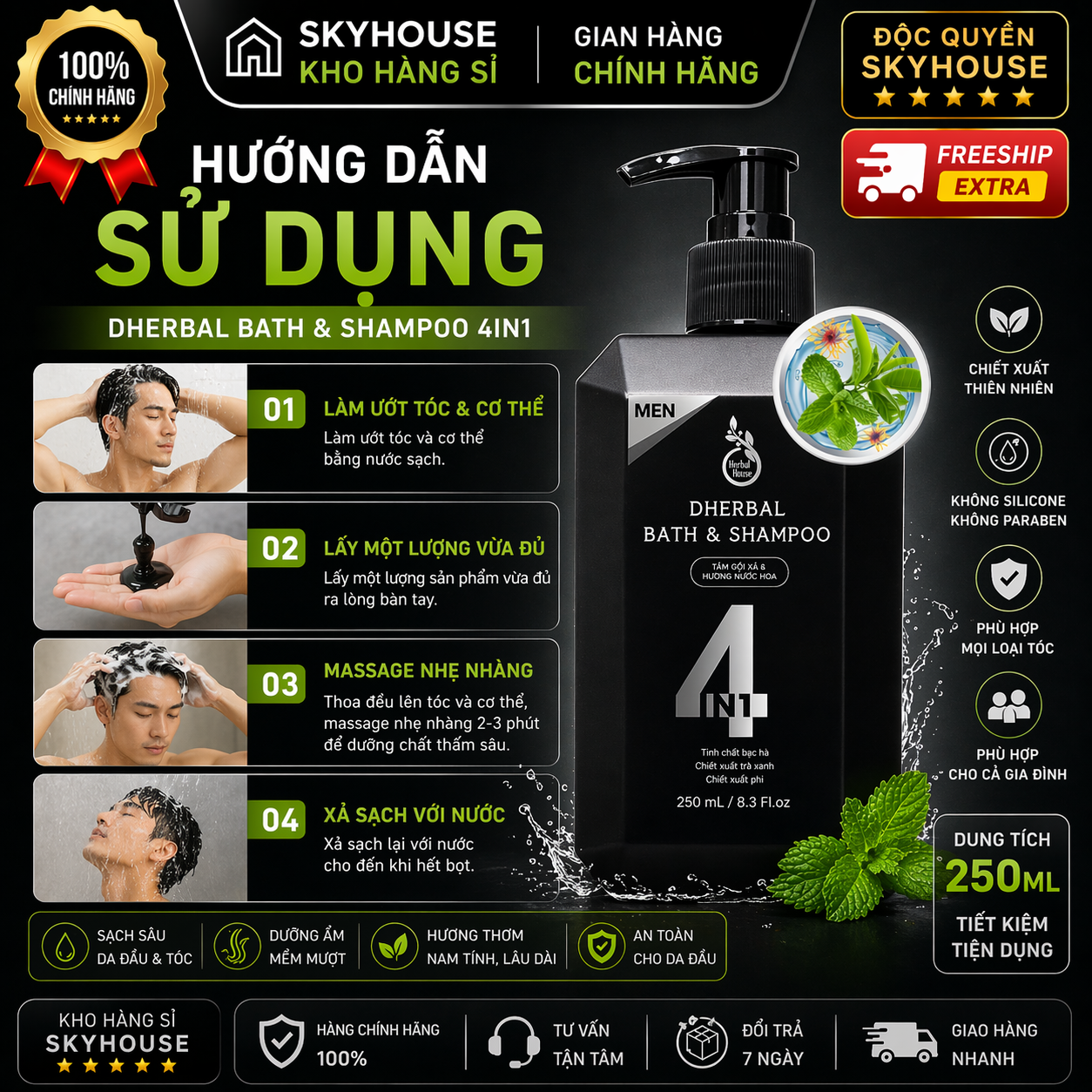 Dầu gội thảo dược thiên nhiên 4in1 tinh chất bạc hà độc quyền DHERBAL chai 250ml dầu gội trị gàu mọc tóc chính hãng