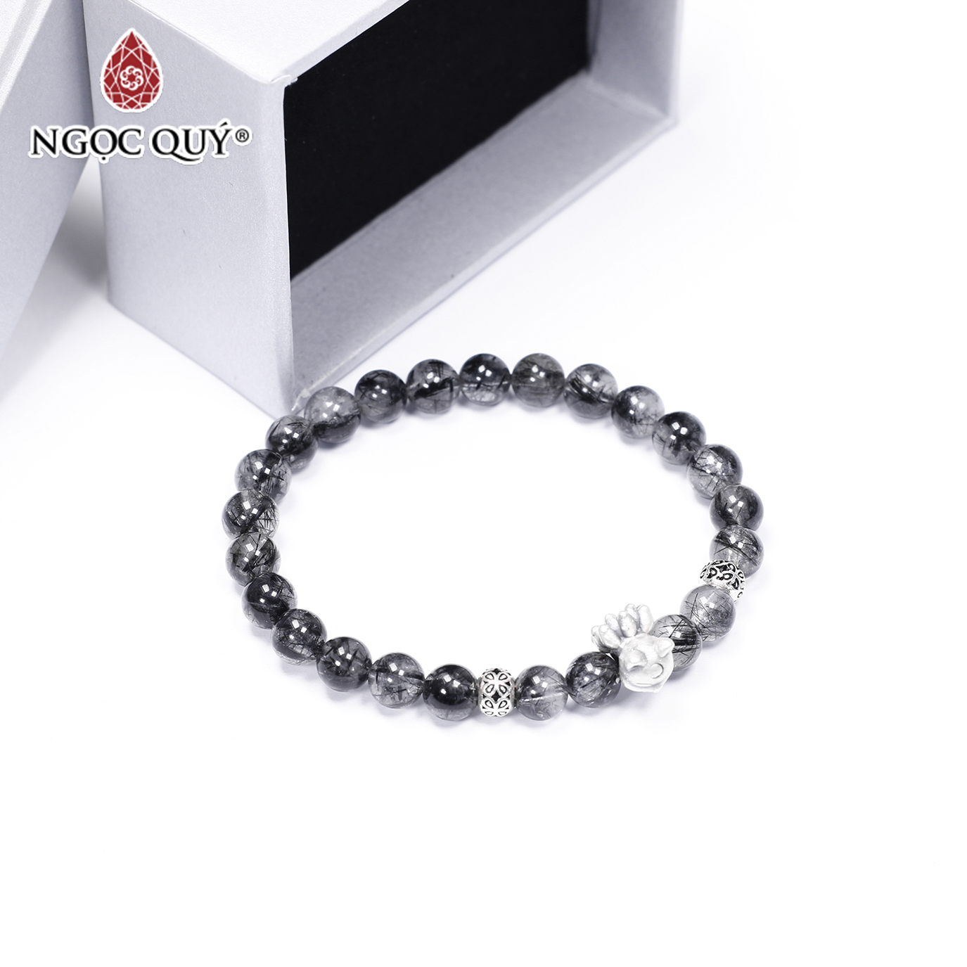 Vòng tay đá thạch anh tóc đen phối hồ ly 9 đuôi size hạt 7mm mệnh thủy, mộc - Ngọc Quý Gemstones