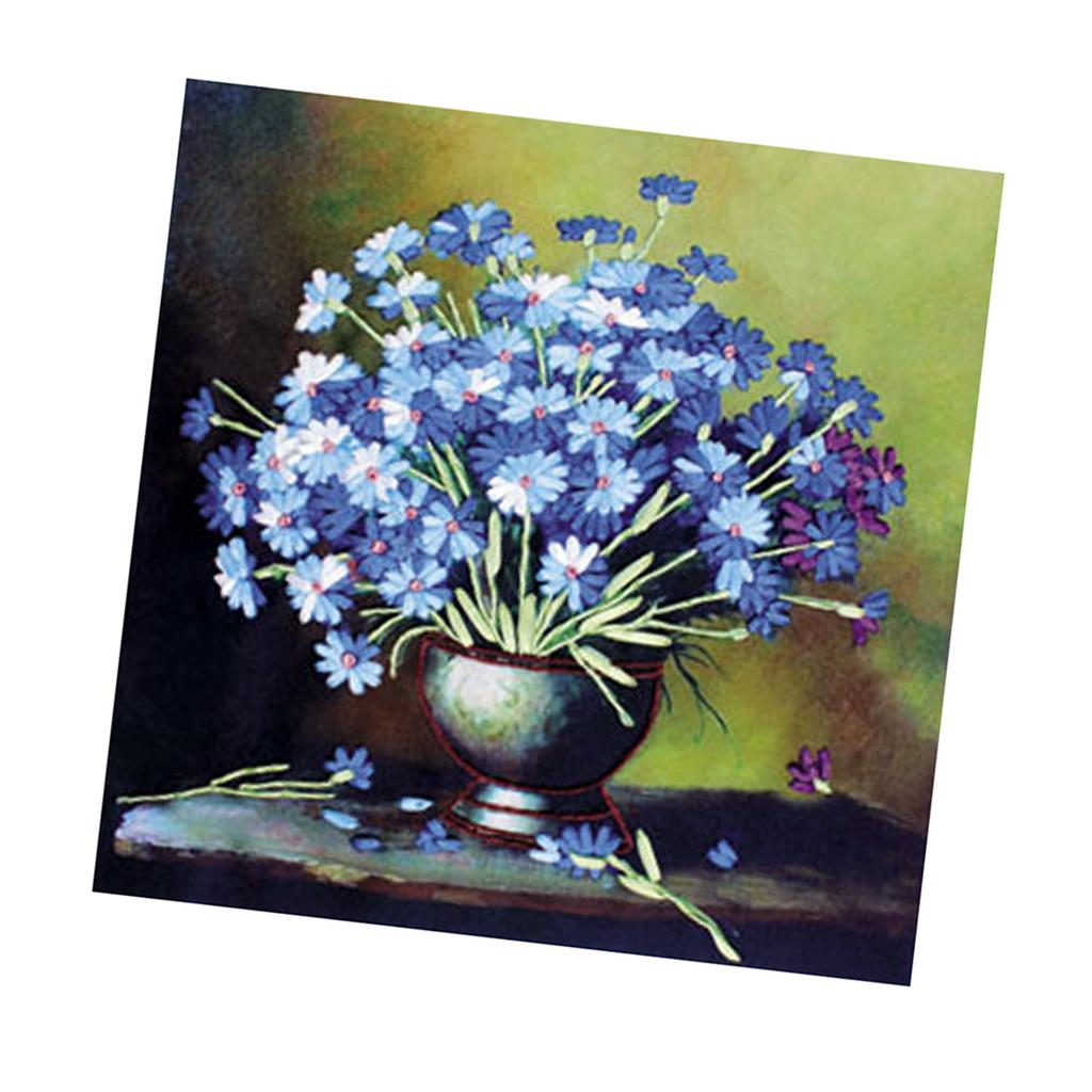 Ribbon Embroidery Cross Stitch Kits Handmade Blue Daisy Pattern Home Decor