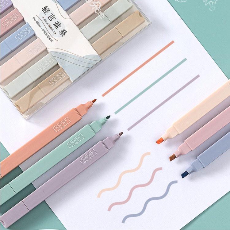 Sét 6 Bút highlight pastel 2 đầu, bút đánh dấu nhớ dòng morandi trang trí sổ bullet journal văn phòng phẩm