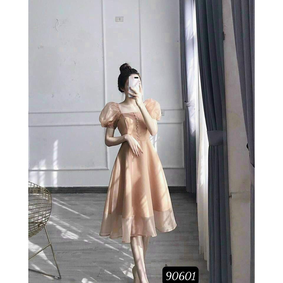 Đầm phối voan kiếng có nút sang trọng , tôn dáng cho các phu nhân KB FASHION