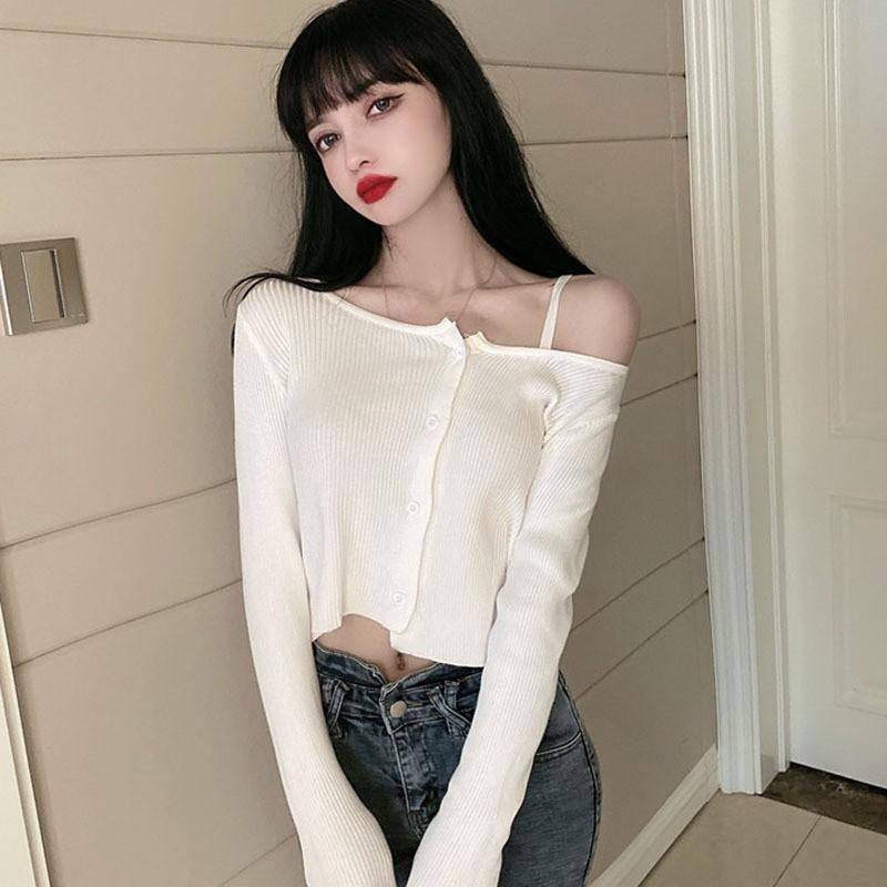 Áo Cardigan Dệt Kim Tay Dài Thiết Kế Lệch Vai Quyến Rũ Cho Nữ