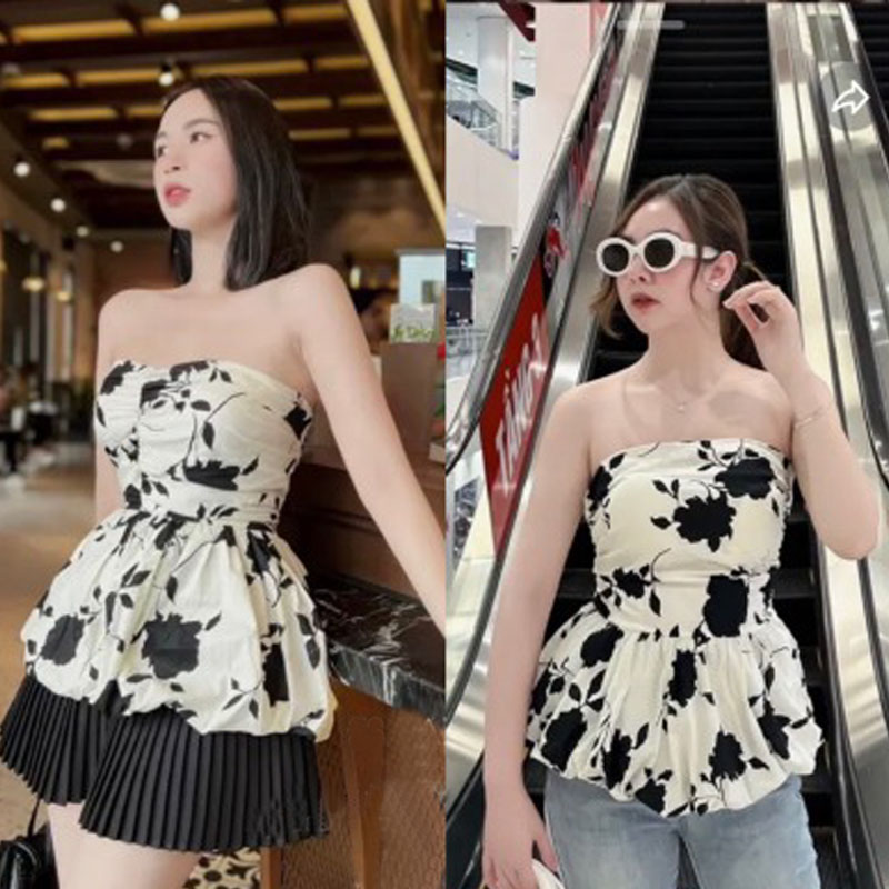 Áo ống hoa phồng bo eo 2 lớp siêu xinh