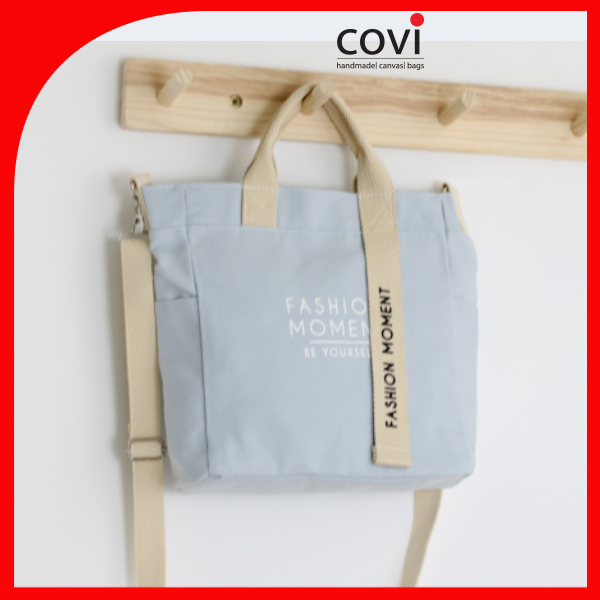 Túi vải Hàn Quốc, túi đeo chéo vải canvas phối chữ Fashion Moment thời trang Covi nhiều màu sắc T11-M-Màu Xanh bầu trời