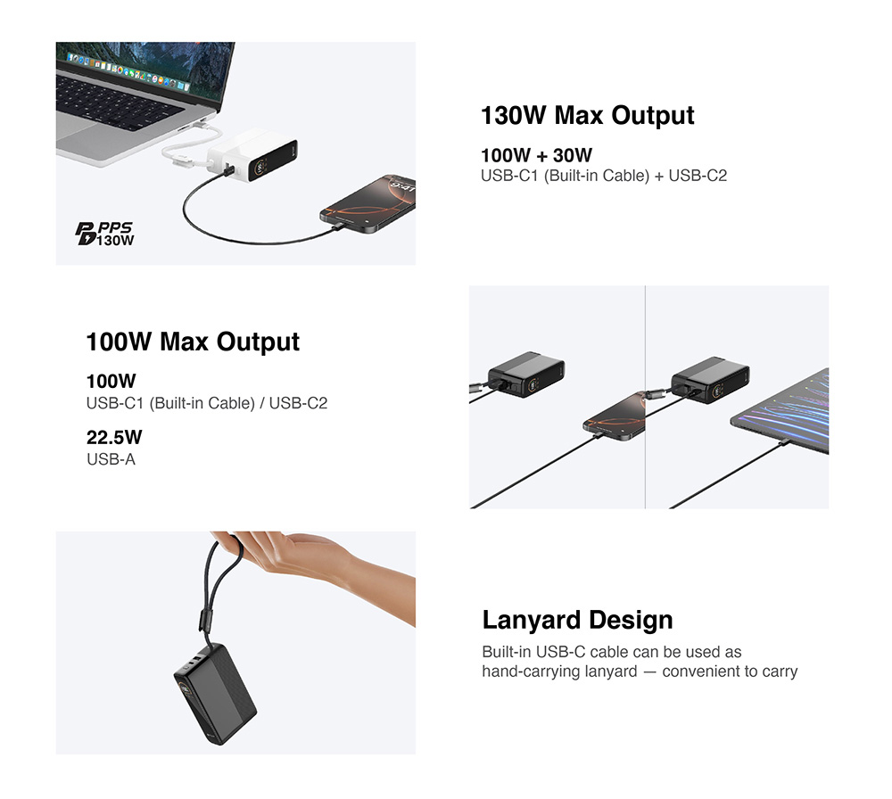 Pin Dự Phòng Kèm Cáp MAZER Ai PowerCharge Laptop PD 130W Dung Lượng 20.000 mAh Có Màn Hình Ai Hiển Thị Pin Và Công Suất Hàng Chính Hãng