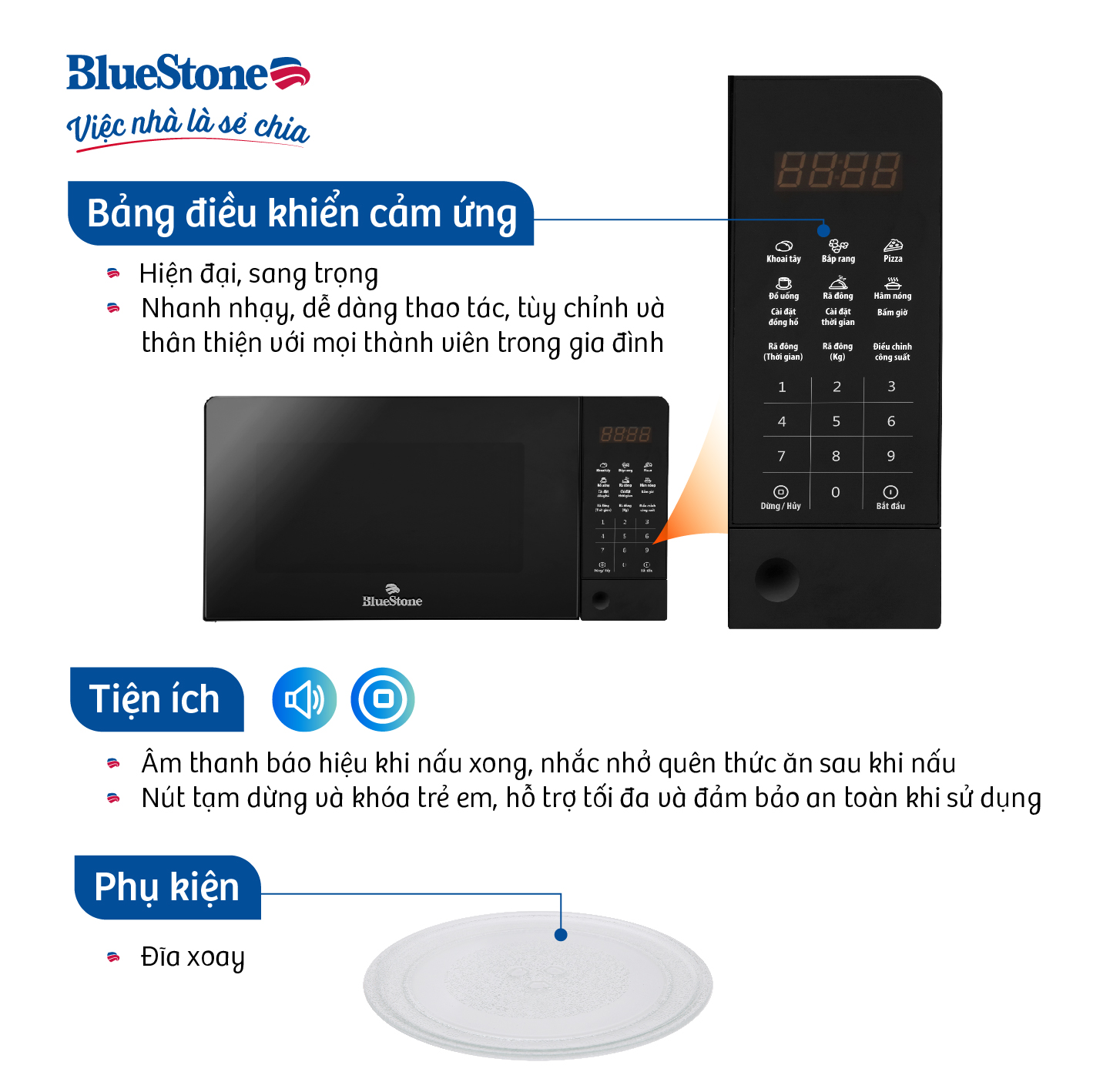 Lò Vi Sóng Điện Tử Có Nướng BlueStone MOB-7816, 1100W - 20Lit, 8 Chế Độ Nấu, Hàng Chính Hãng