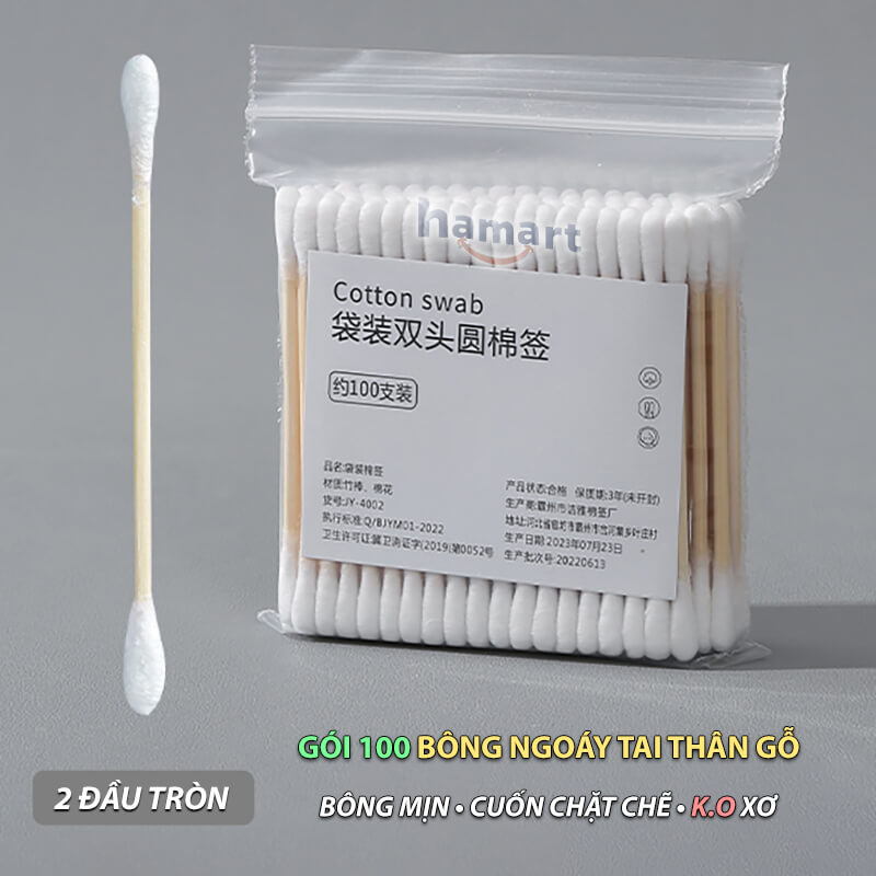 Gói 100 Tăm Bông Ngoáy Tai Thân Gỗ Tre 2 Đầu Tròn Vệ Sinh Tai Tiện Lợi