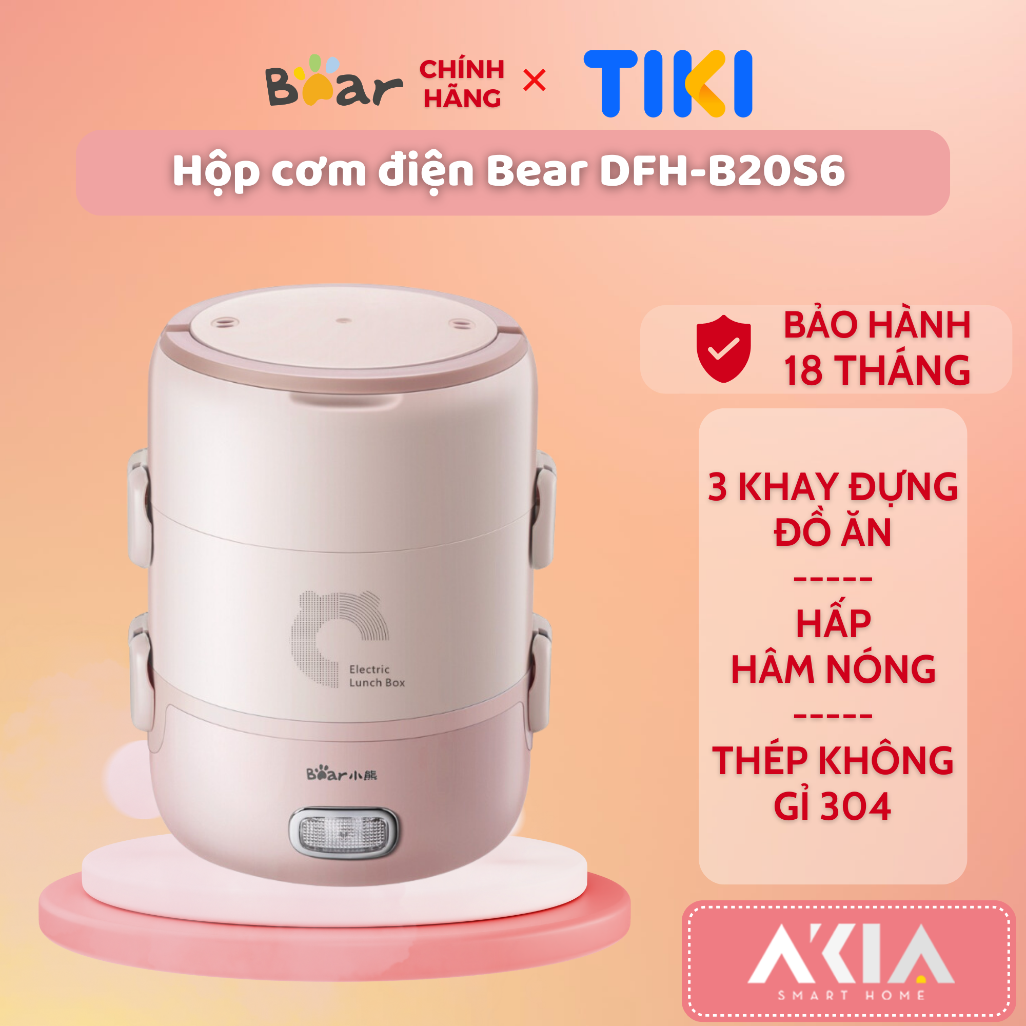 Hộp cơm điện văn phòng cầm tay Bear DFH-B20S6, 3 khay đựng thức ăn, hấp/ đun sôi/ hâm nóng - HÀNG CHÍNH HÃNG
