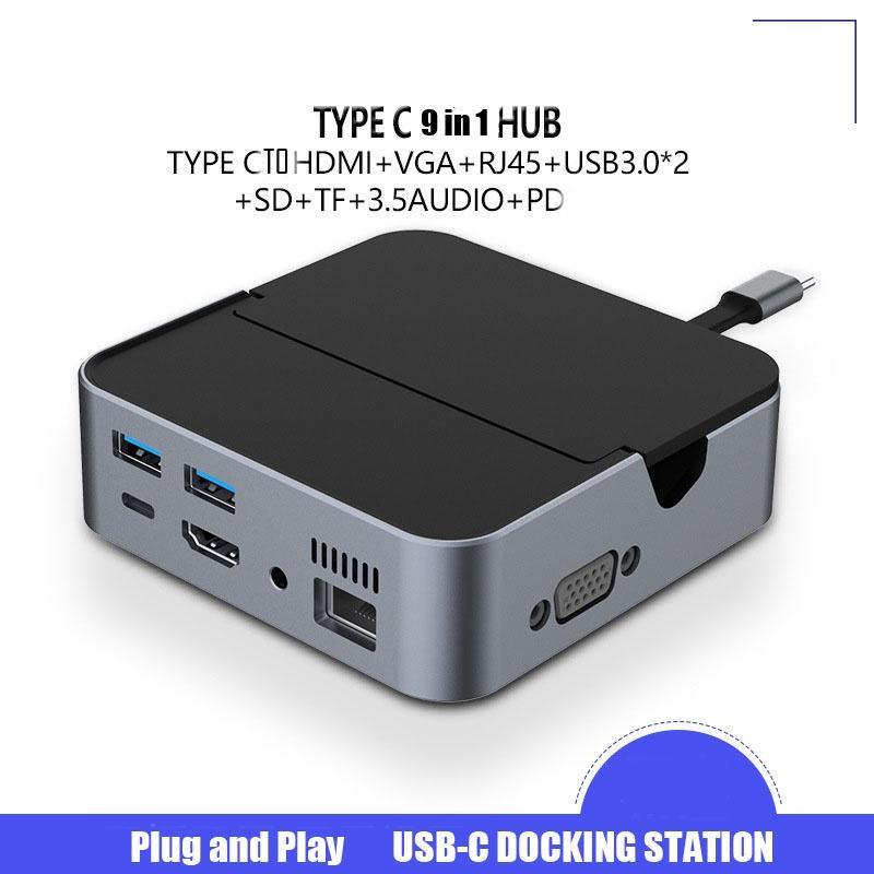 Bộ Chia Cổng USB Type C Sang HDMI 4K VGA RJ45 USB3.0 TF / SD 3.5mm Sạc Nhanh 9 Trong 1