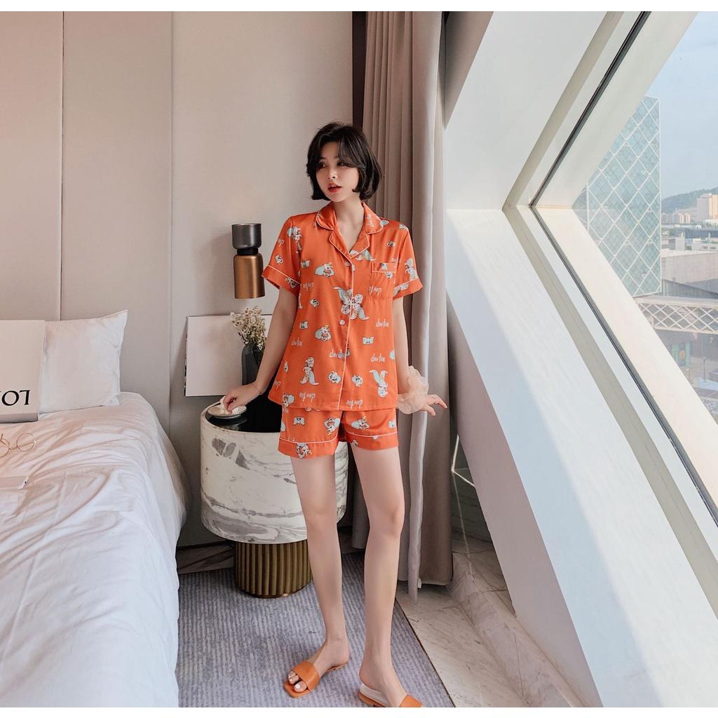Đồ Bộ Nữ Ngắn - Đồ Mặc Nhà Vải Lụa Màu Trắng và Cam Cao Cấp In Họa Tiết Hoạt Hình CCLP13