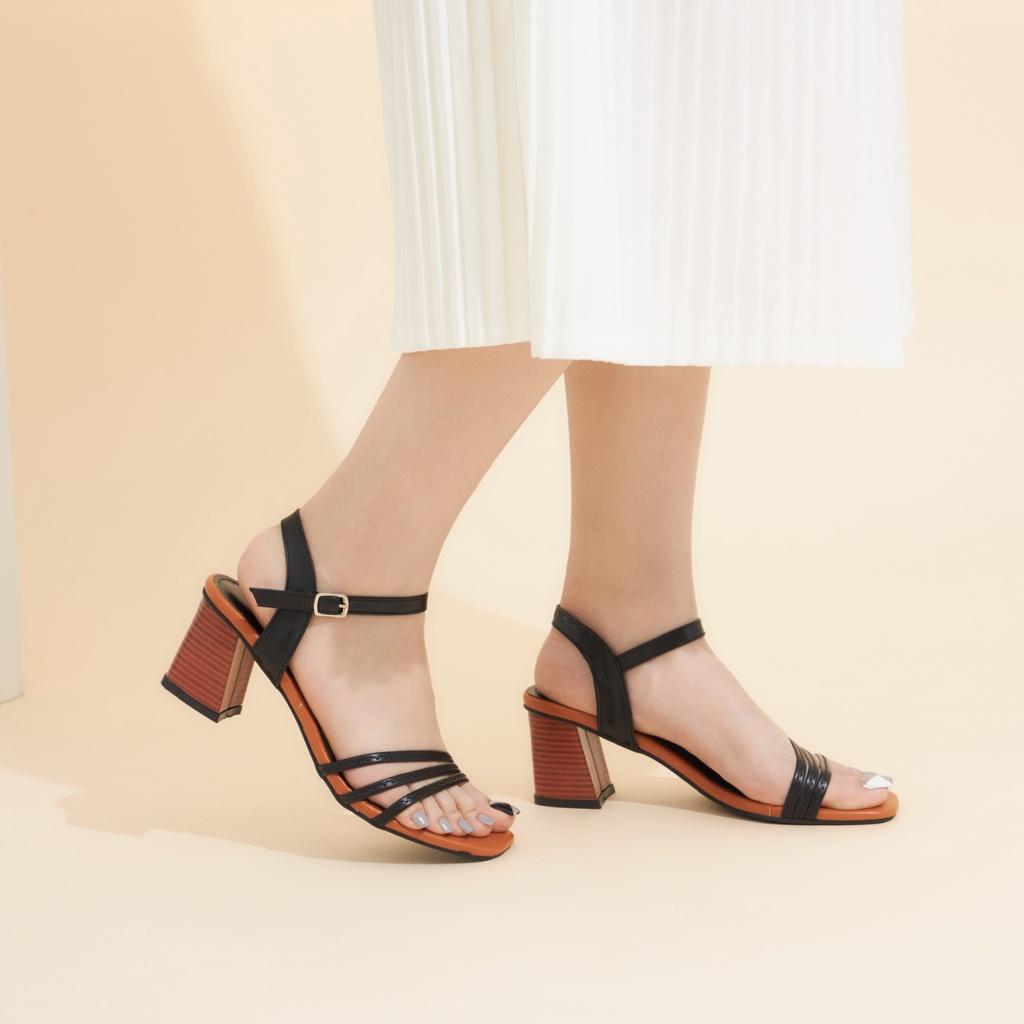 Giày Cao Gót MWC 4382 - Giày Sandal Cao Gót 5P Quai Ngang Mảnh Viền Chỉ Phối Quai Hậu Gót Vuông Vân Gỗ 5cm Thời Trang