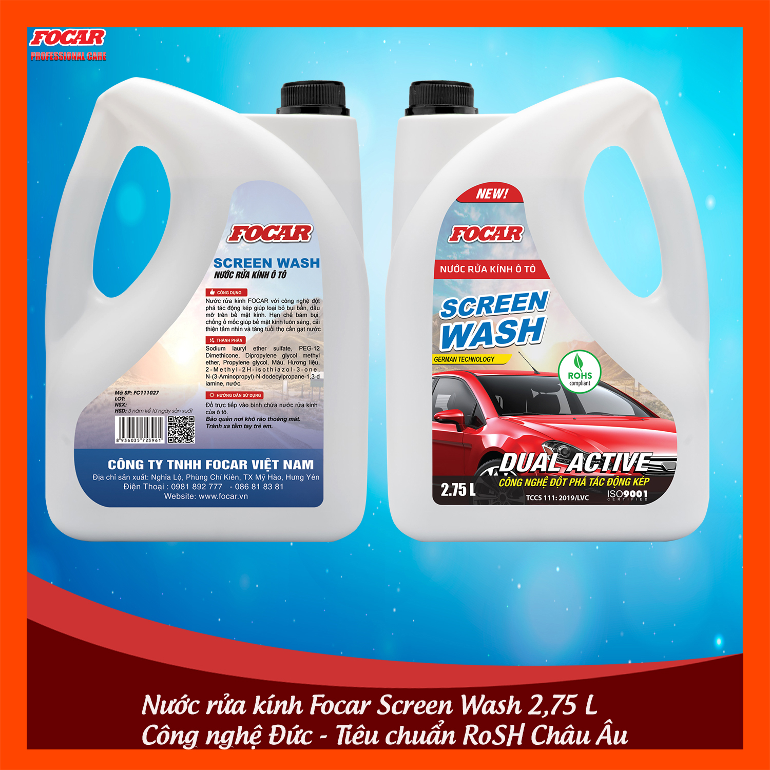 Combo 2 can nước rửa kính ô tô Focar Screen Wash 2.75L