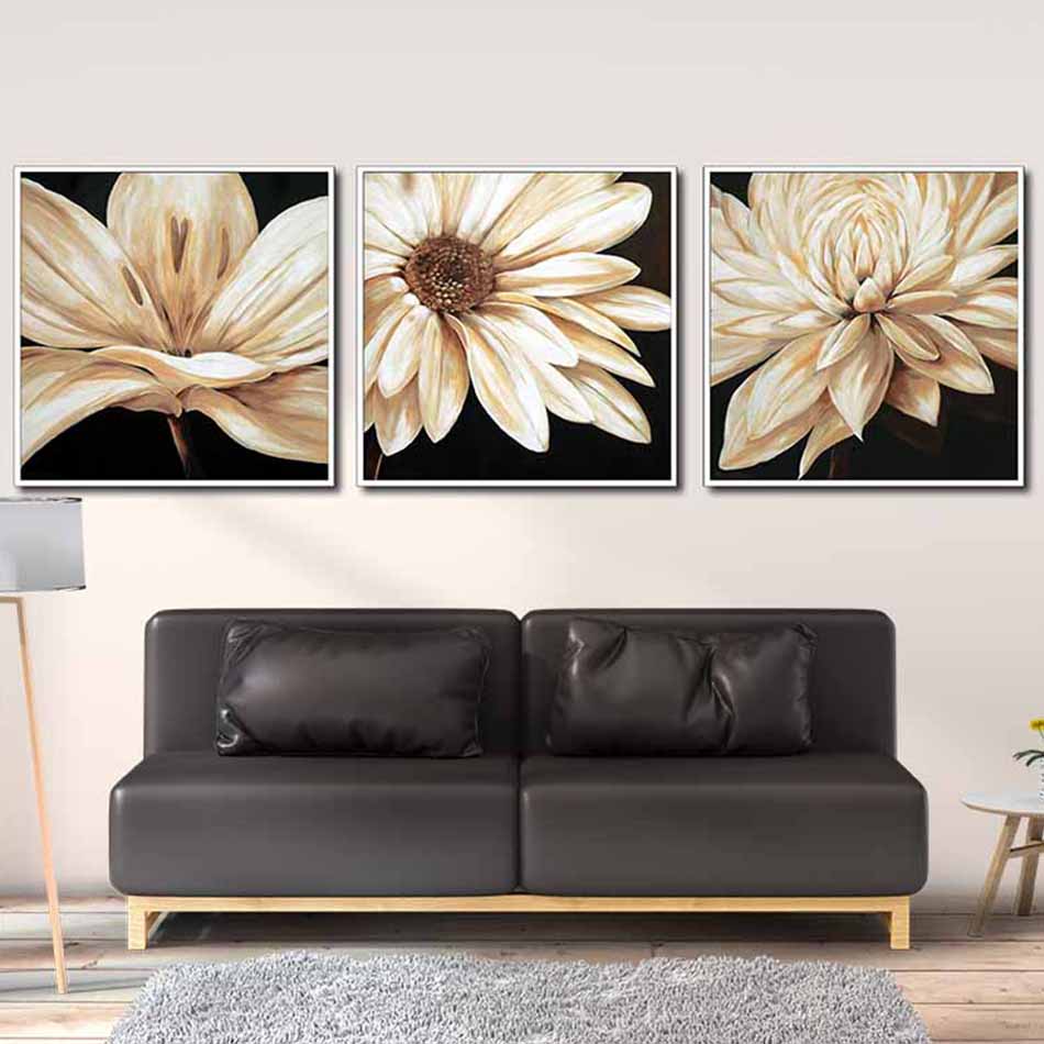 Bộ 3 tranh canvas treo tường decor hoa trắng - DC009