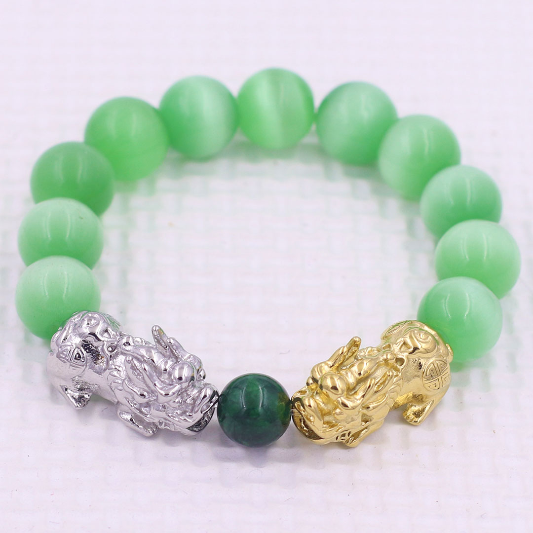 Vòng chuỗi đeo tay đá mắt mèo xanh lá 12 ly charm tỳ hưu đôi inox trắng và vàng, vòng chuỗi phong thủy, charm tỳ hưu, vòng tay hạt chuỗi