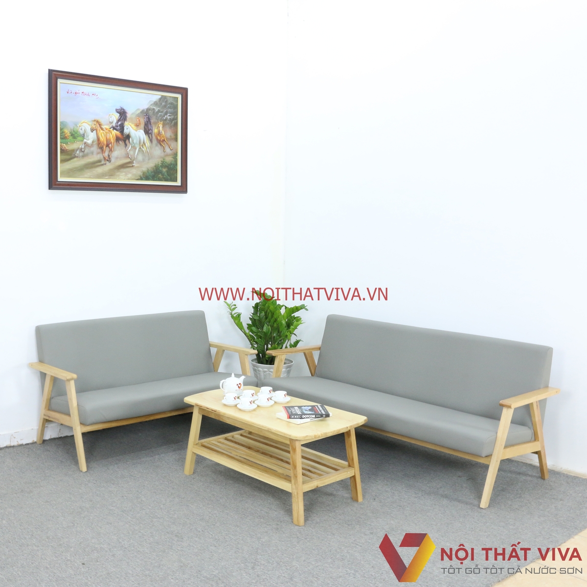 Bộ Sofa Văng Góc Chữ L Gỗ Sồi Nga Bọc Nệm Xám Đơn Giản Hiện Đại Giá Rẻ