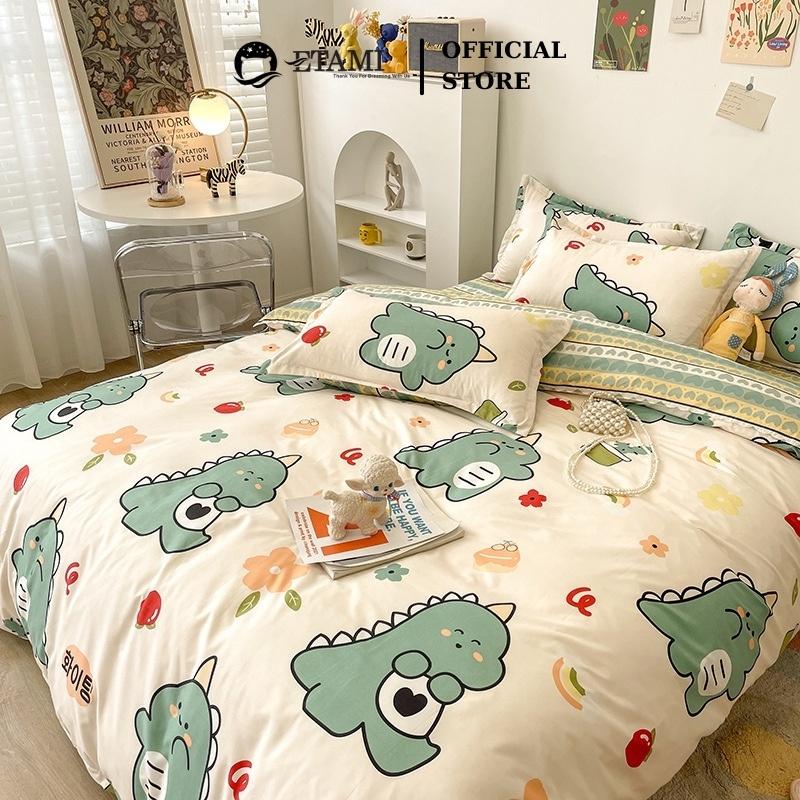 Bộ chăn ga gối đệm cao cấp cotton poly khủng long xanh cute miễn phí bo chun drap giường , ga trải giường P14