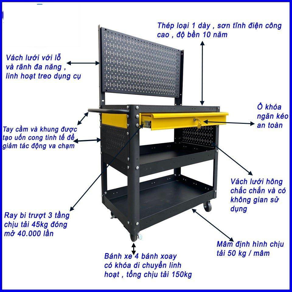 Xe đẩy đa năng 3 ngăn màu đen 1 hộc kéo vàng vách lưới đen Fabina