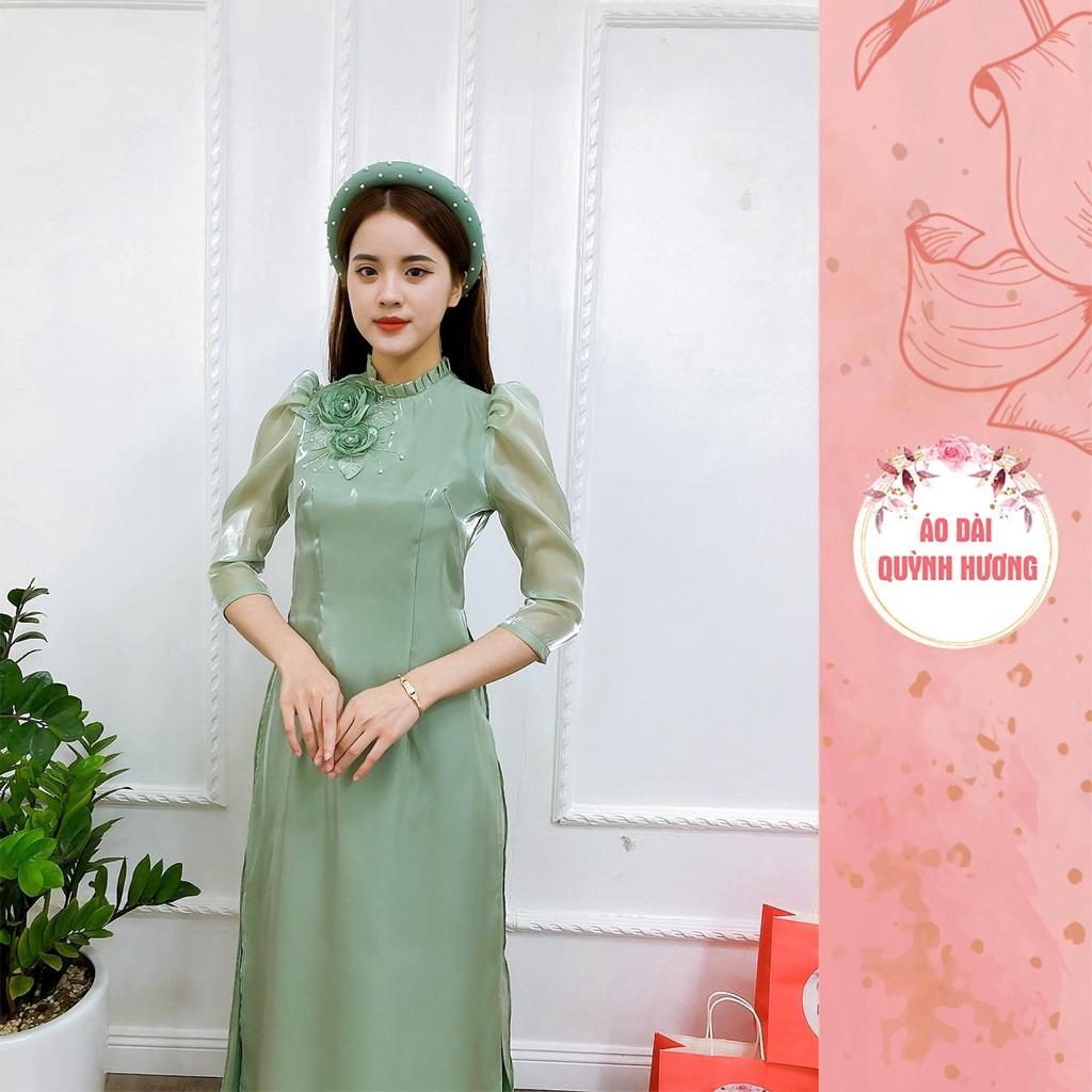 Áo dài voan tơ tay bồng lỡ cổ xếp đính hoa 3D màu xanh mint