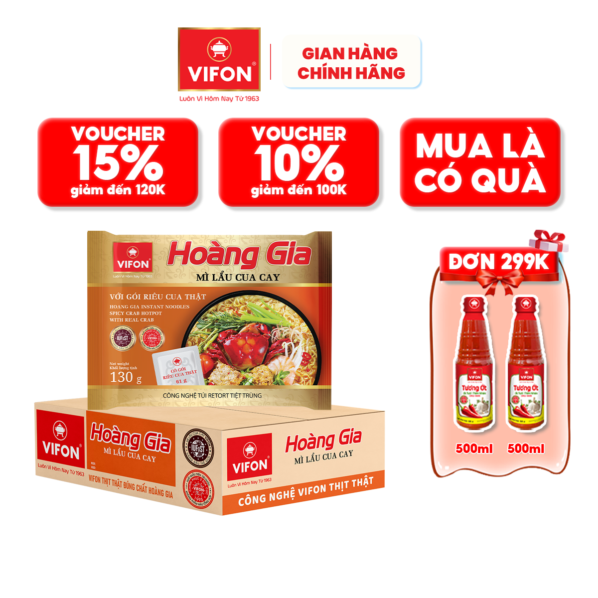 Thùng 18 Mì Lẩu Cua Cay Hoàng Gia Vifon 130Gr Gói - Thùng 18 Gói