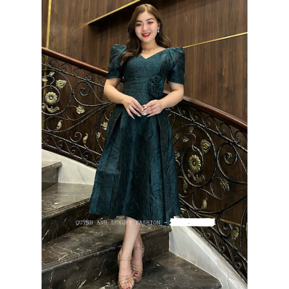 Đầm Xoè Tapta Hoa Xanh Rêu Cao Cấp Frances Dress