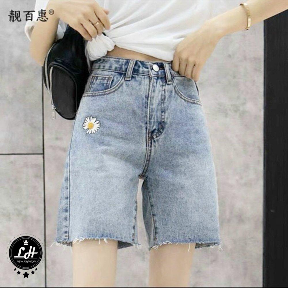 Quần jean ngố nữ lưng cao ống rộng cao cấp in hoa cúc túi màu xanh nhạt cực đẹp MS 141