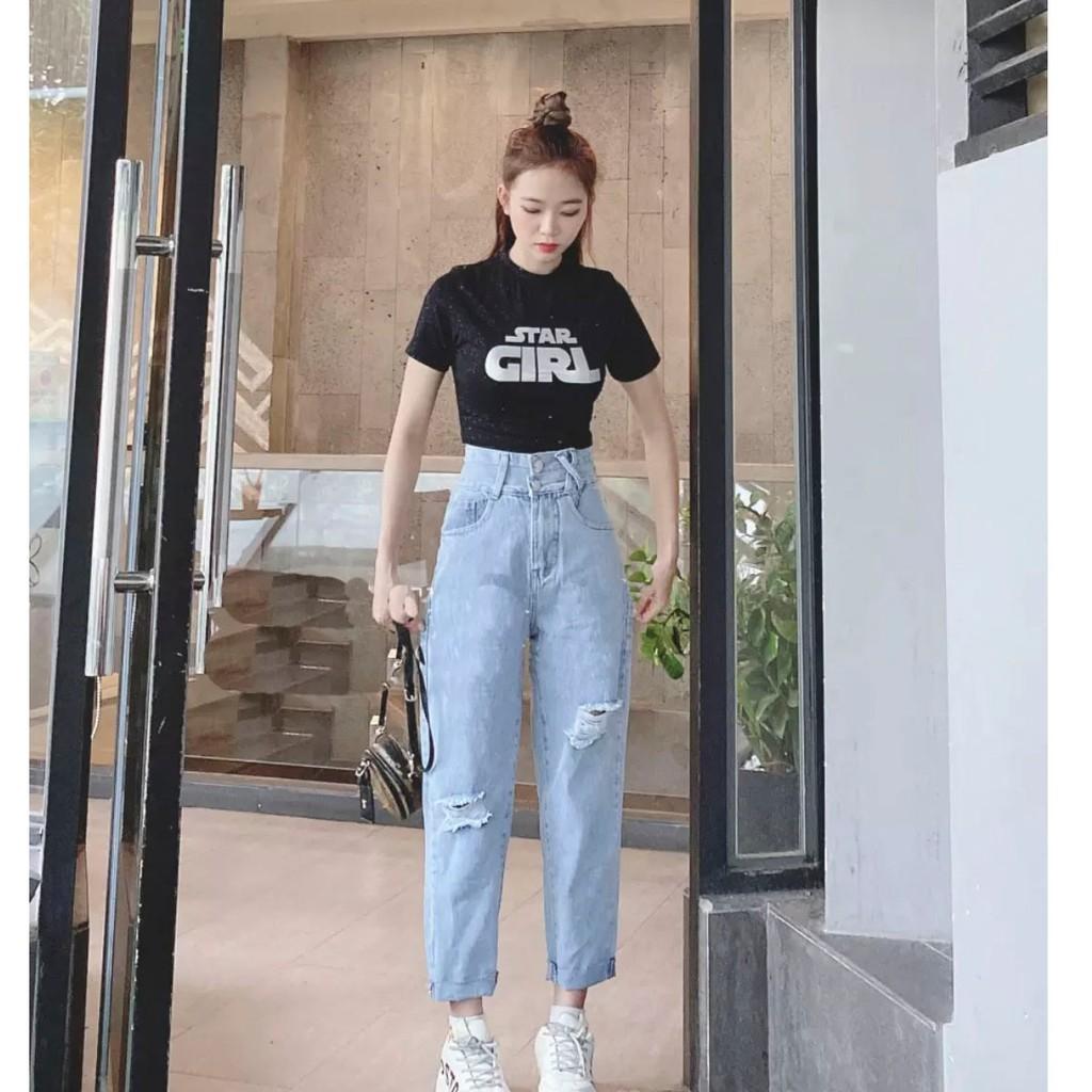 Quần bò jeans nữ dáng baggy lưng siêu cao 2 nút ,đai chéo, thời trang mới tại thuydieushop96 bg1