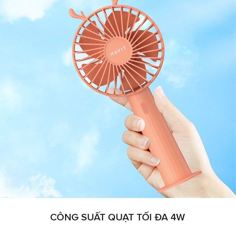 Quạt Sạc Mini Thời Trang Cầm Tay Havit JW003, Pin 1800mAh, 3 Chế Độ Quạt Gió - Hàng Chính Hãng