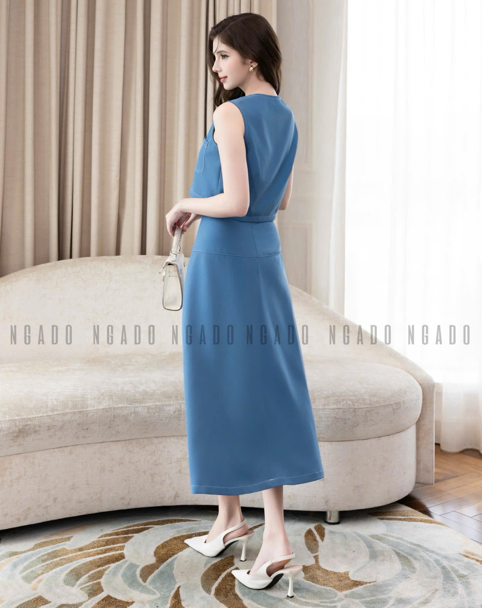 Set áo váy gile xanh xếp ly NGADO, set áo váy Nữ , set công sở , set áo váy midi