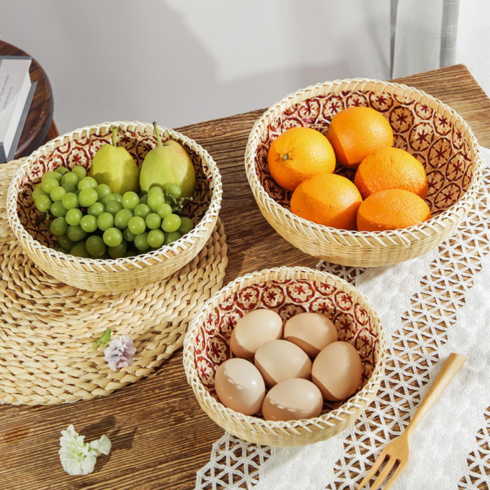 3x Bamboo Woven Basket Rattan Storage Basket Fruit Basket Food Serving Basket for Restaurant, Pantry, Kitchen Organizing