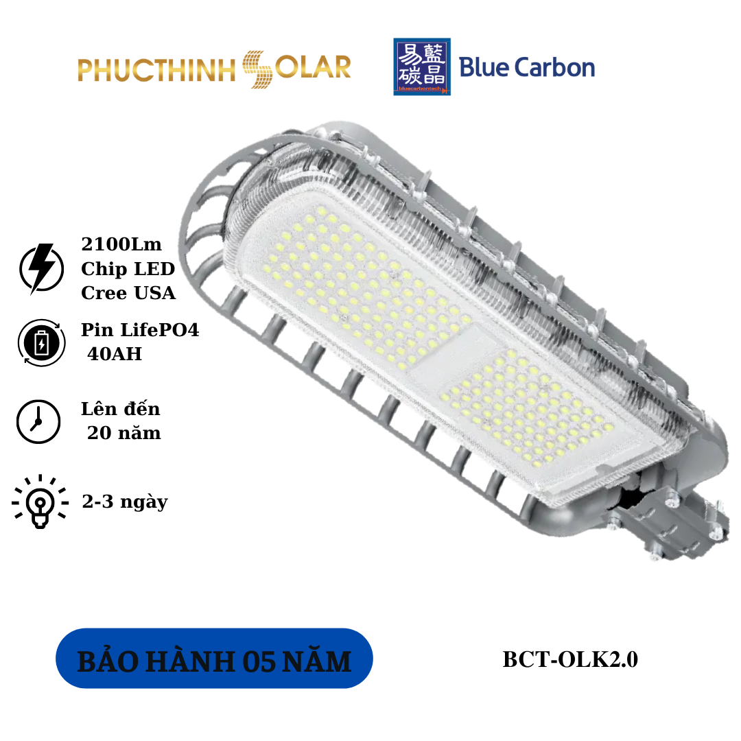 Đèn Đường Năng Lượng Mặt Trời 36W Blue Carbon BCT-OLK2.0 Cảm Biến Ánh Sáng Có Remote Chống Nước IP66 Phúc Thịnh Solar