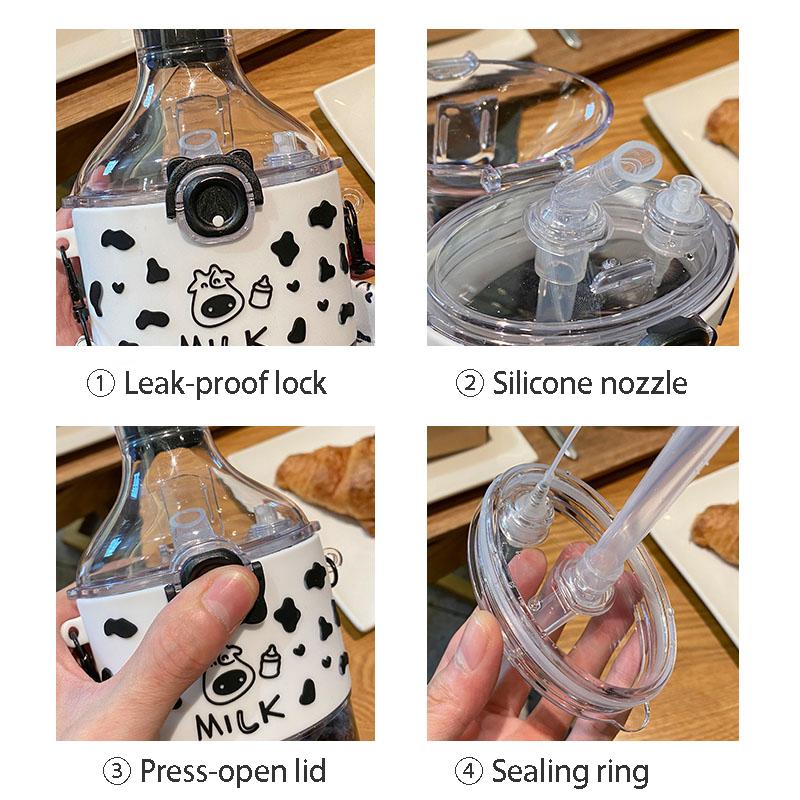 Mùa Hè Bò Họa Tiết Nước Xịt Di Động Trẻ Em Bình Nước Có Ống Hút Dây Đeo Cho Bé Mẫu Giáo Núm Vú Sippy Cup Không Chứa BPA